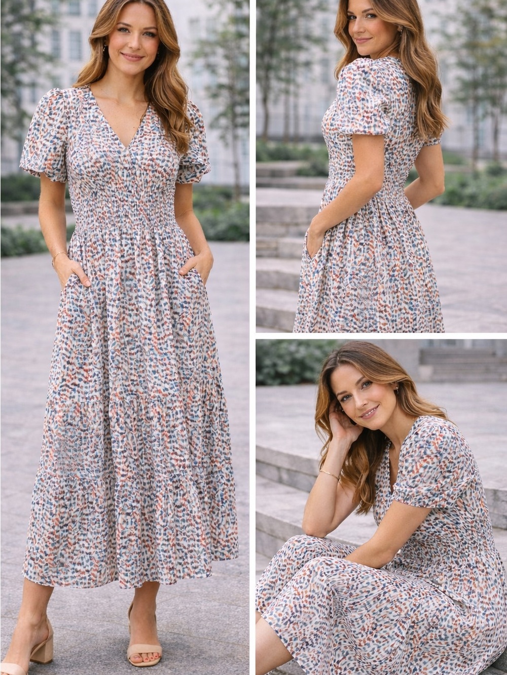 Smocked V-Neck Floral Maxi Dress - Blue & Peach